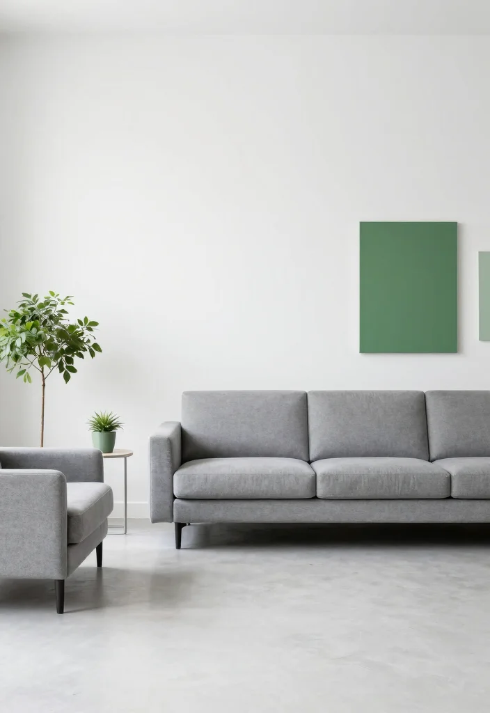 12 Grey and Green Living Room Ideas That Feel Fresh and Calm 10. Minimalistic Approach with Grey and Green 0