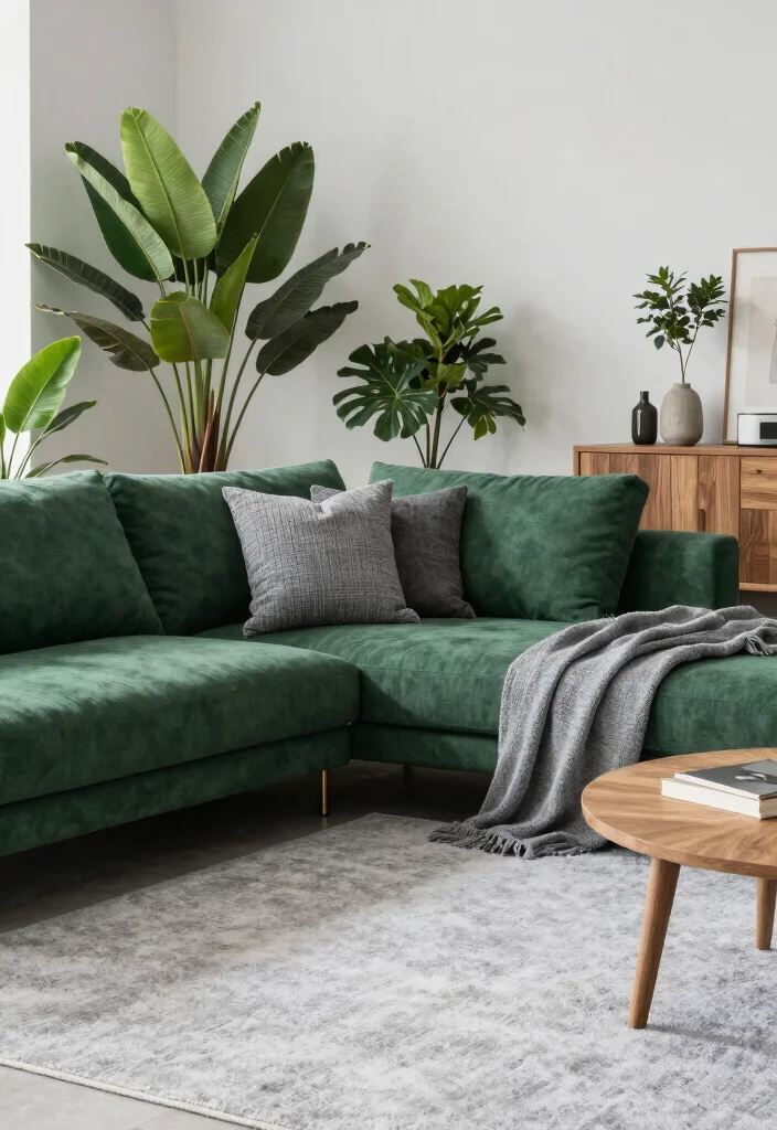 12 Grey and Green Living Room Ideas That Feel Fresh and Calm 2. Monochrome Green Furniture with Grey Textiles 0