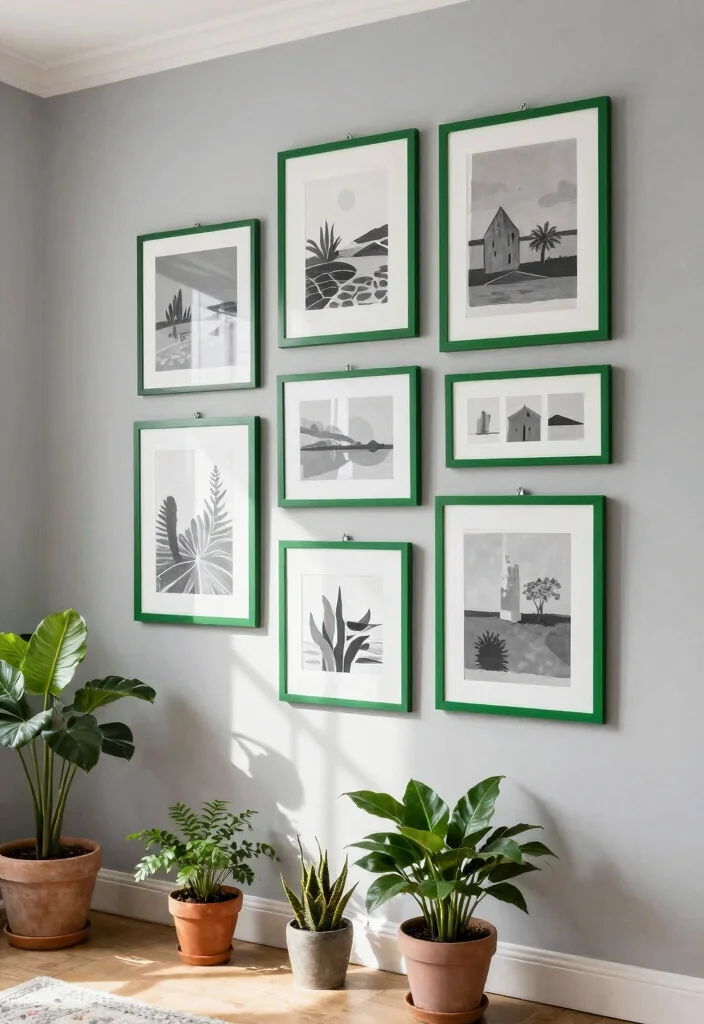 12 Grey and Green Living Room Ideas That Feel Fresh and Calm 3. Grey Wall Art with Green Frames 0
