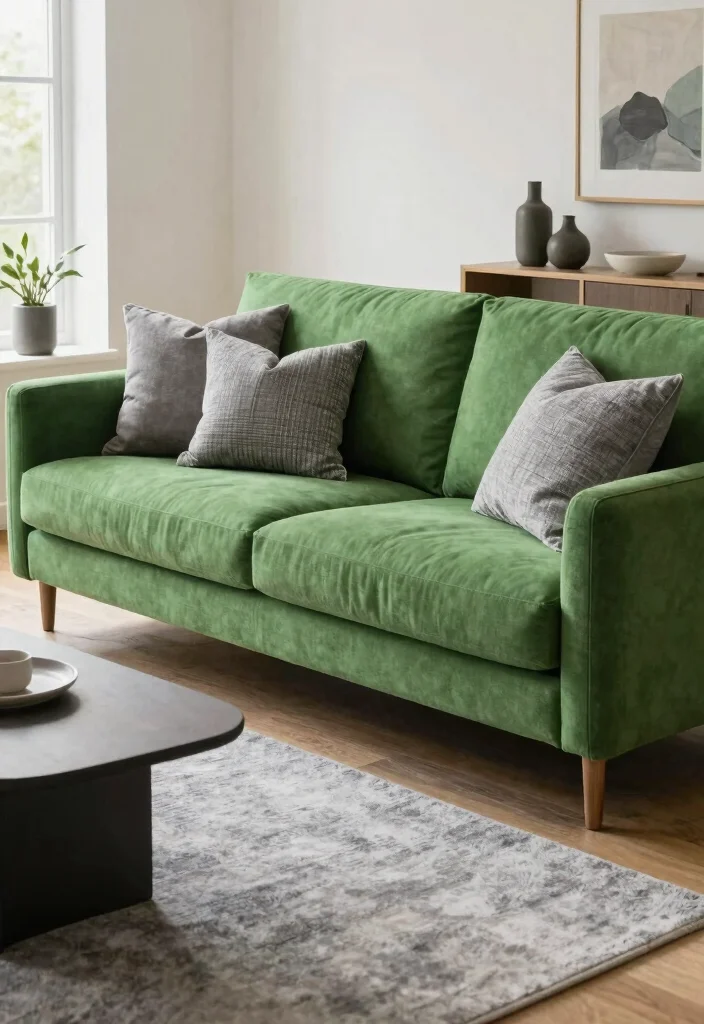 12 Grey and Green Living Room Ideas That Feel Fresh and Calm 5. Statement Green Sofa with Grey Pillows 0