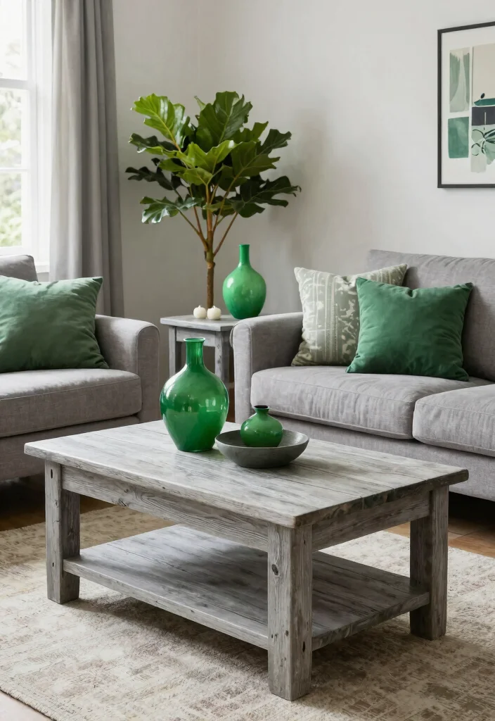 12 Grey and Green Living Room Ideas That Feel Fresh and Calm 6. Grey Wood Furniture with Green Paint Accents 0