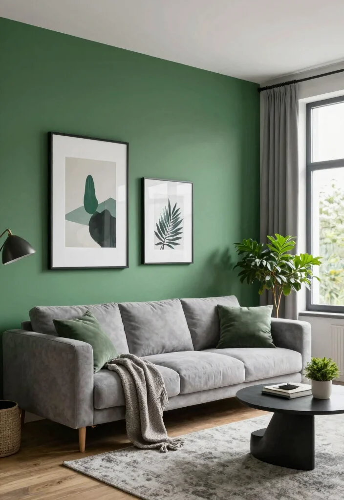 12 Grey and Green Living Room Ideas That Feel Fresh and Calm 7. Green Accent Wall with Grey Furniture 0