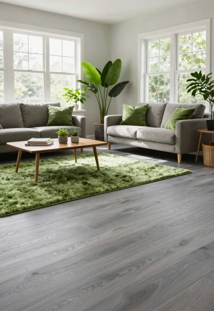 12 Grey and Green Living Room Ideas That Feel Fresh and Calm 8. Grey Tones in Flooring with Green Decor 0