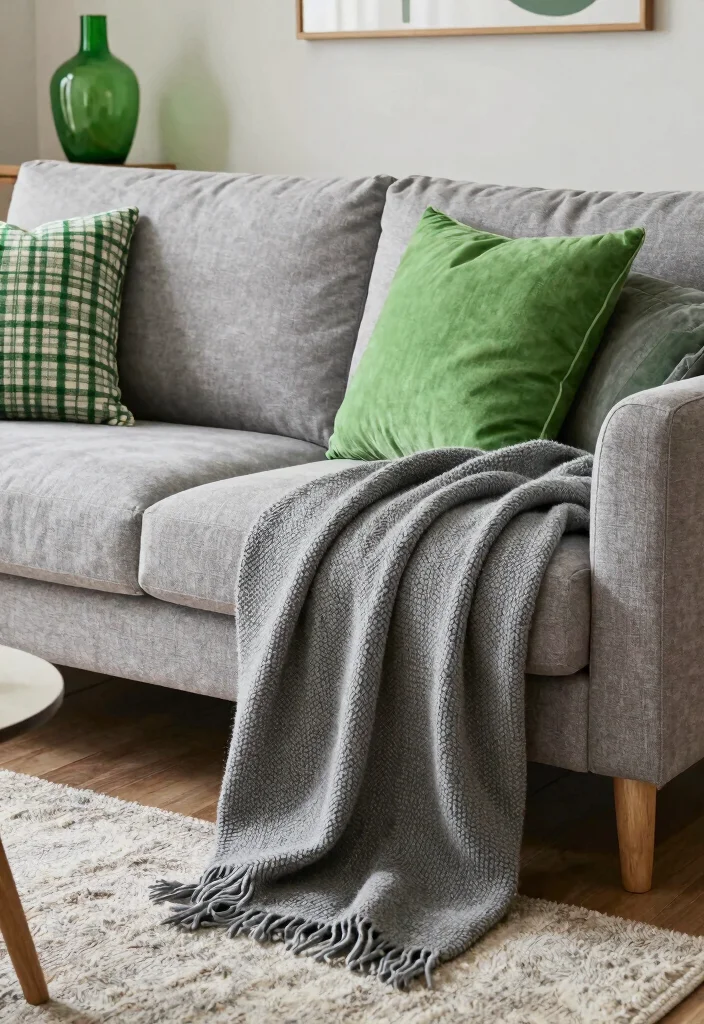 12 Grey and Green Living Room Ideas That Feel Fresh and Calm 9. Textured Grey Throws and Green Accessories 0