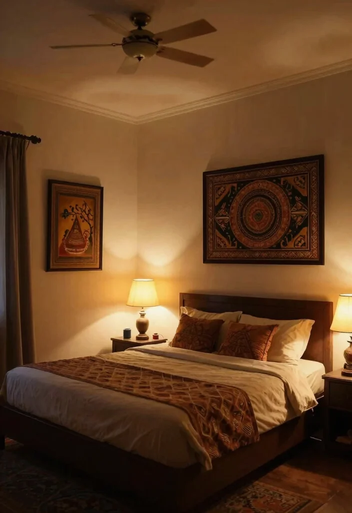12 Indian Bedroom Ideas with Warm Cultural Character 11. Layered Lighting Techniques 0