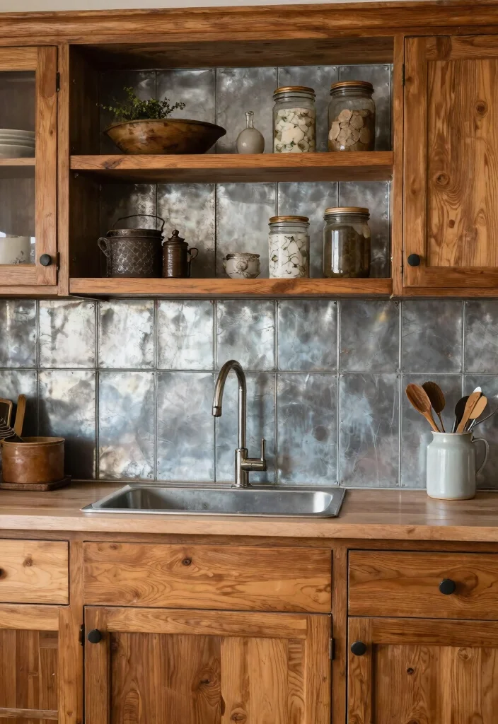 12 Kitchen Backsplash Ideas That Work with Oak Cabinets 11. Vintage Tin Panels 0