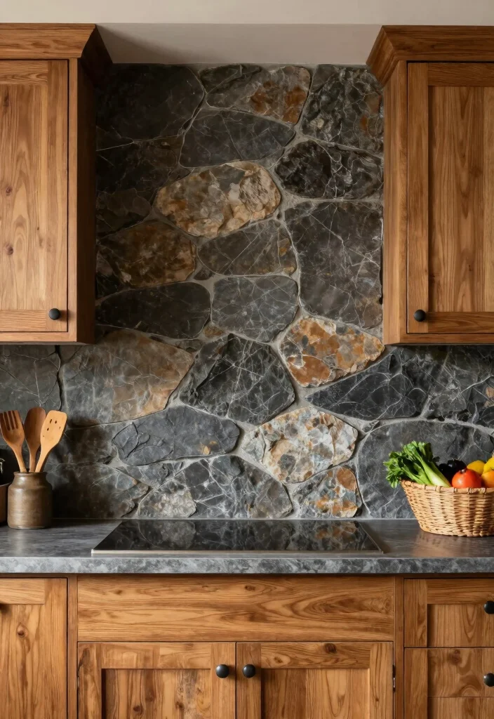 12 Kitchen Backsplash Ideas That Work with Oak Cabinets 2. Rustic Stone Slabs 0