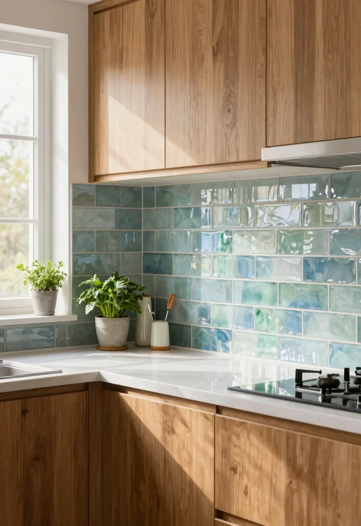 12 Kitchen Backsplash Ideas That Work with Oak Cabinets 3. Shimmering Glass Tiles 0