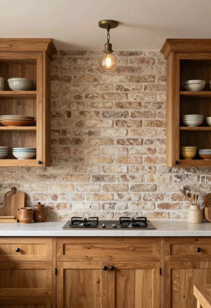 12 Kitchen Backsplash Ideas That Work with Oak Cabinets 7. Textured Brick 0