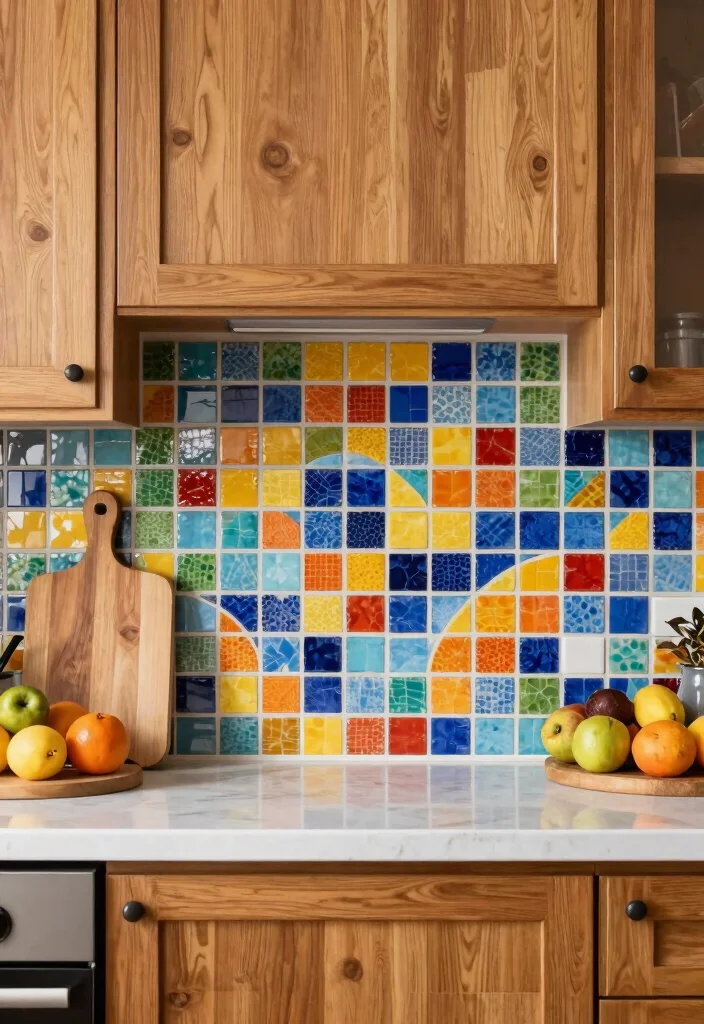 12 Kitchen Backsplash Ideas That Work with Oak Cabinets 8. Colorful Mosaic Tiles 0