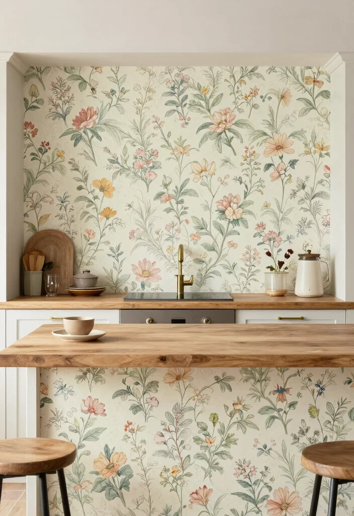 12 Kitchen Island Back Panel Ideas That Add Detail 8. Vintage Wallpaper for Character 0