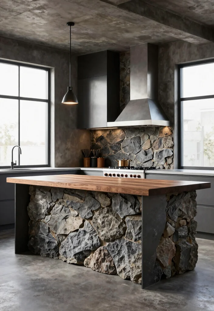 12 Kitchen Island Back Panel Ideas That Add Detail 9. Stone or Brick for Industrial Appeal 0