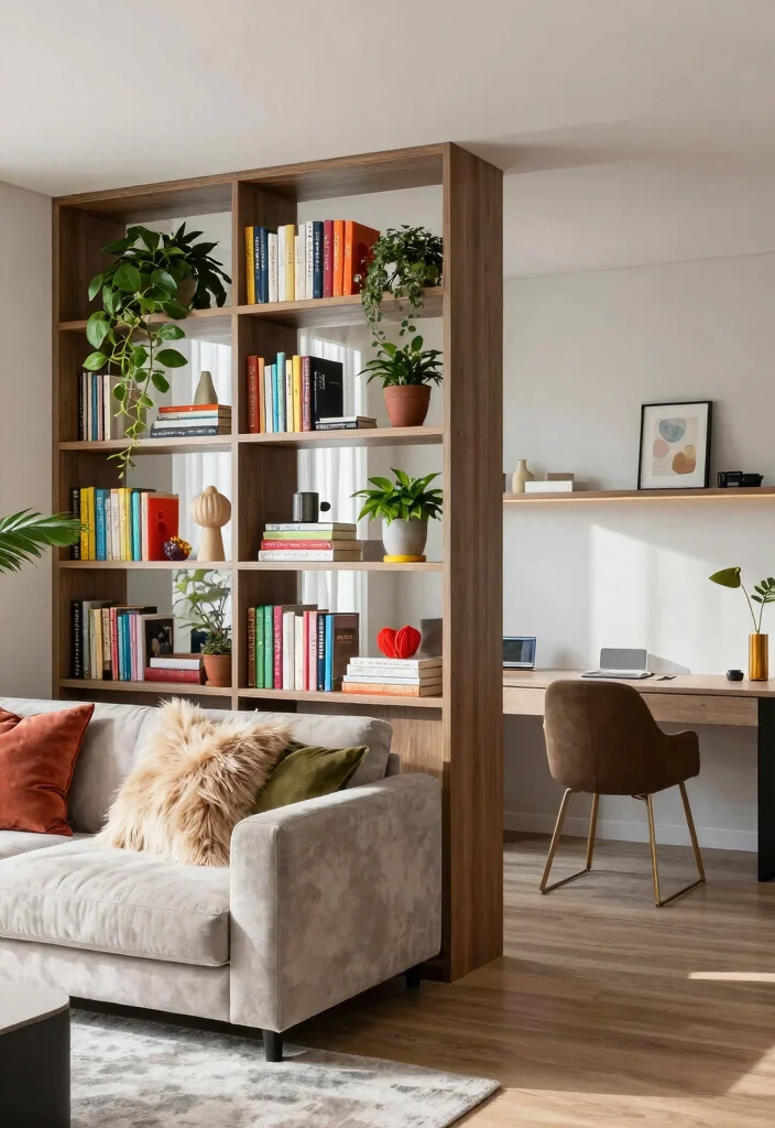 12 Living Room Partition Ideas That Define Zones 1. Open Shelving as Room Dividers 0