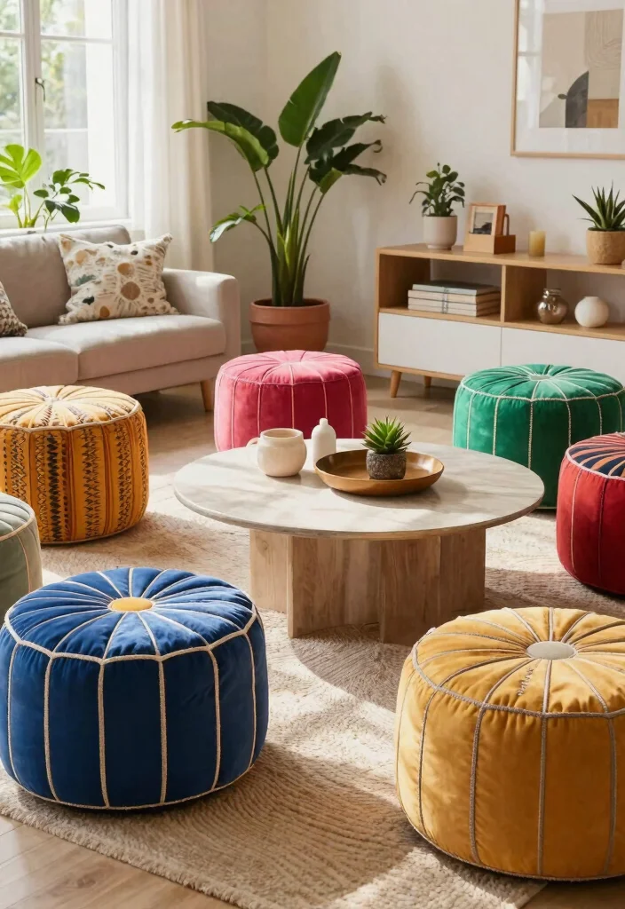 12 Living Room Seating Ideas for Flexible Layouts 12. Poufs as Versatile Accessories 0