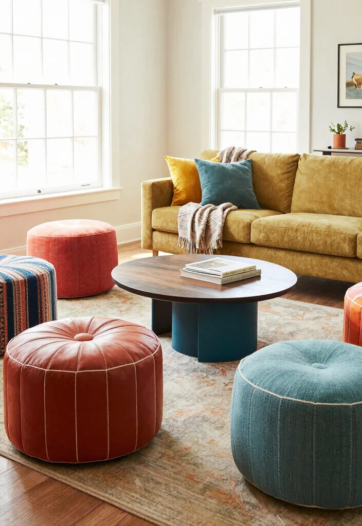 12 Living Room Seating Ideas for Flexible Layouts 3. Ottomans as Extra Seating 0