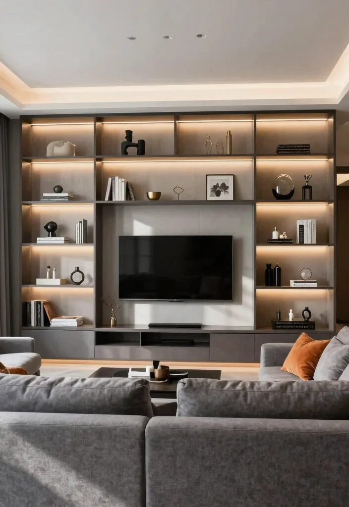 12 Living Room TV Ideas That Look Built In 11. Open Shelving with Built In Lights 0