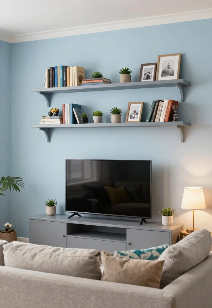 12 Living Room TV Ideas That Look Built In 2. Floating Shelves for a Minimalist Touch 0