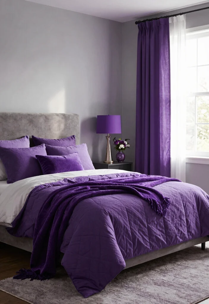 12 Purple and Gray Bedroom Ideas with Soft Moody Vibes 1. Cozy Gray Walls with Purple Accents 0