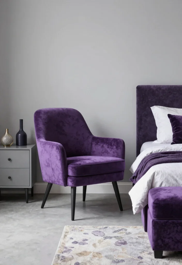 12 Purple and Gray Bedroom Ideas with Soft Moody Vibes 10. Accent Furniture in Purple 0