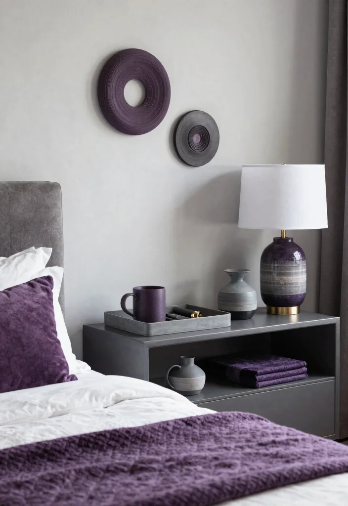 12 Purple and Gray Bedroom Ideas with Soft Moody Vibes 11. Stylish Accessories 0
