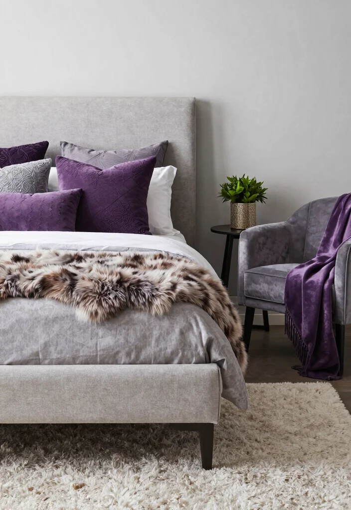 12 Purple and Gray Bedroom Ideas with Soft Moody Vibes 2. Plush Textiles for a Layered Look 0
