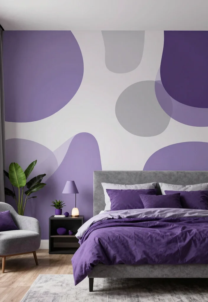 12 Purple and Gray Bedroom Ideas with Soft Moody Vibes 3. Artistic Wall Murals 0