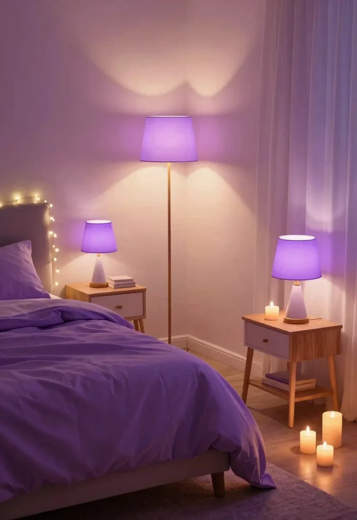 12 Purple and Gray Bedroom Ideas with Soft Moody Vibes 4. Soft Lighting for a Relaxing Ambiance 0