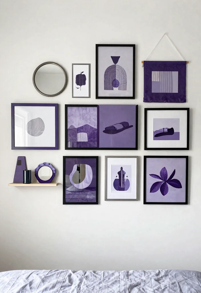 12 Purple and Gray Bedroom Ideas with Soft Moody Vibes 6. Layered Wall Decor 0