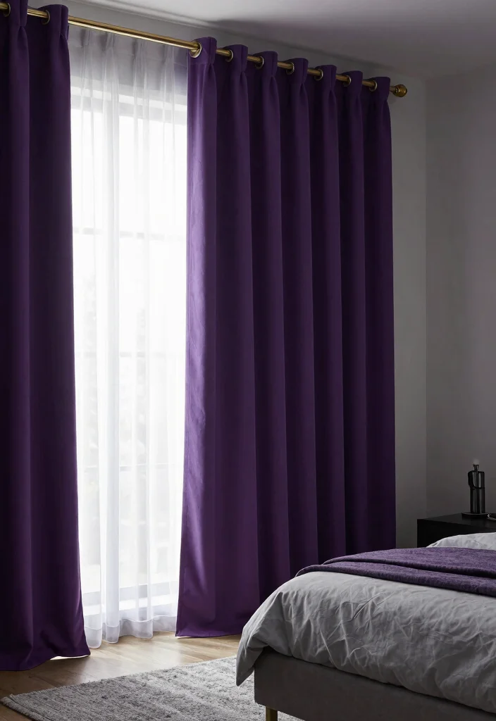 12 Purple and Gray Bedroom Ideas with Soft Moody Vibes 7. Statement Curtains 0
