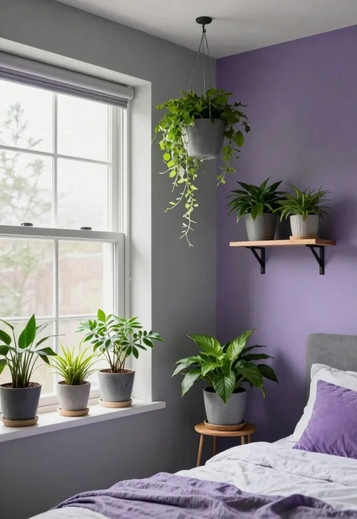 12 Purple and Gray Bedroom Ideas with Soft Moody Vibes 8. Incorporating Plants 0