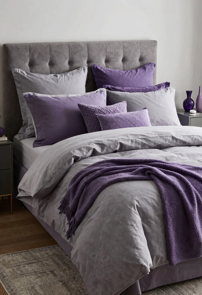 12 Purple and Gray Bedroom Ideas with Soft Moody Vibes 9. Choosing the Right Bedding 0