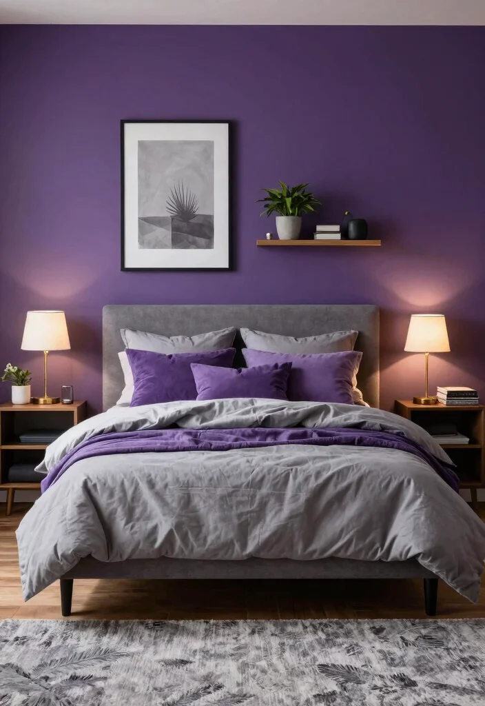 12 Purple and Grey Bedroom Ideas with Soft Drama 1. Bold Purple Accent Wall 0