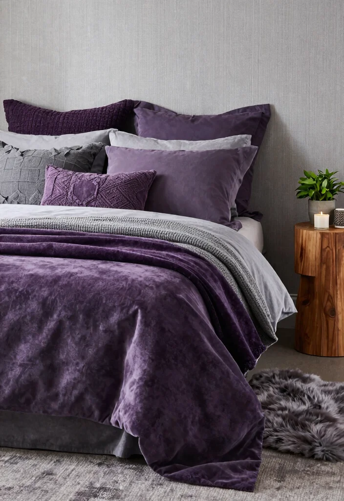 12 Purple and Grey Bedroom Ideas with Soft Drama 2. Layered Textures 0