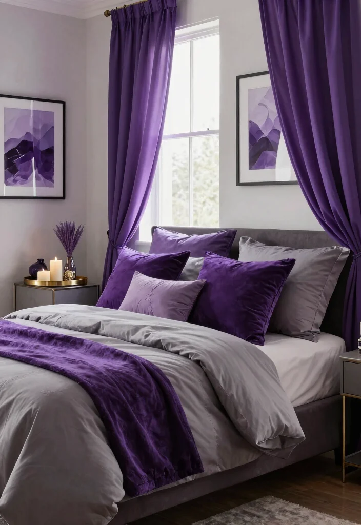 12 Purple and Grey Bedroom Ideas with Soft Drama 4. Sophisticated Purple Accessories 0