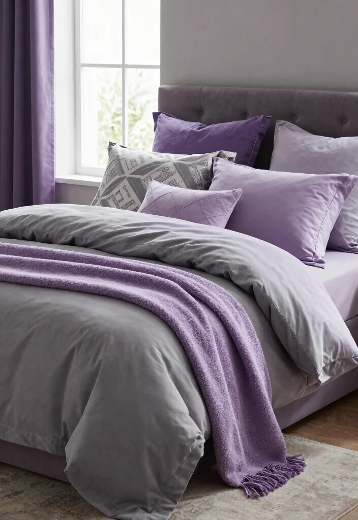 12 Purple and Grey Bedroom Ideas with Soft Drama 6. Comfortable Bedding Choices 0