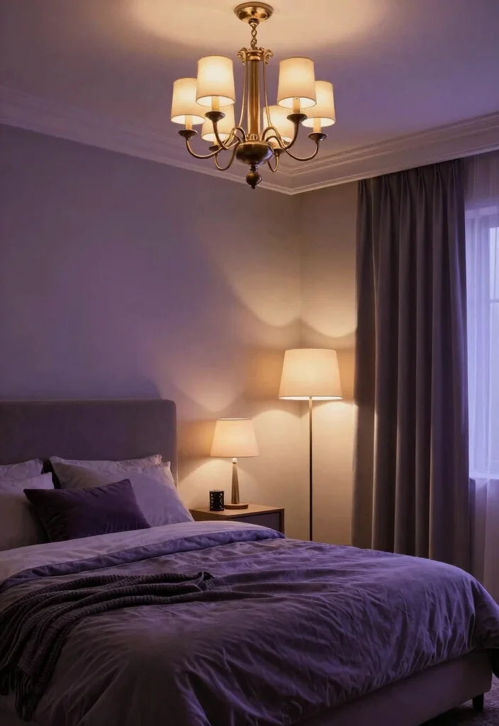12 Purple and Grey Bedroom Ideas with Soft Drama 7. Dramatic Lighting Choices 0