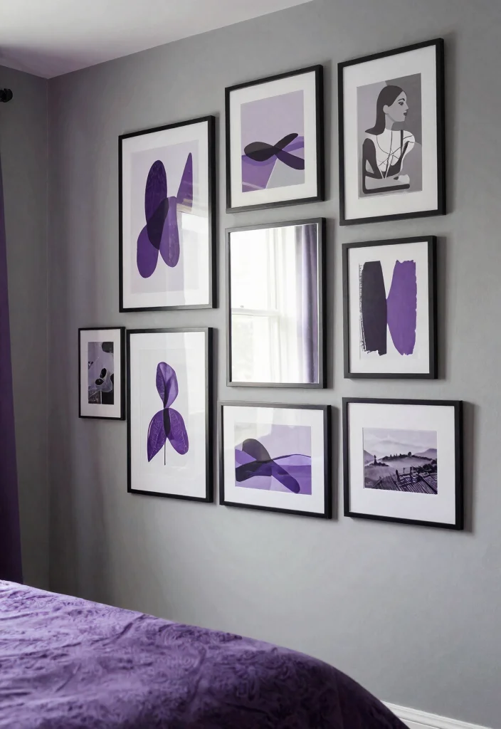 12 Purple and Grey Bedroom Ideas with Soft Drama 8. Artistic Wall Decor 0