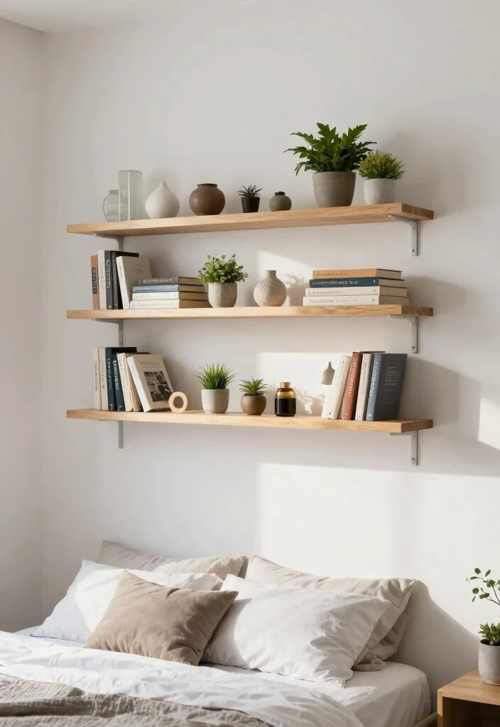 12 Small Bedroom Decor Ideas That Feel Thoughtfully Styled 3. Space Saving Wall Shelves 0