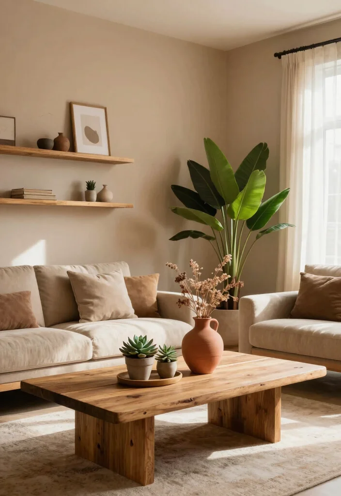 12 Tan Living Room Ideas That Feel Warm and Calm 2. Earthy Accents for a Natural Feel 0