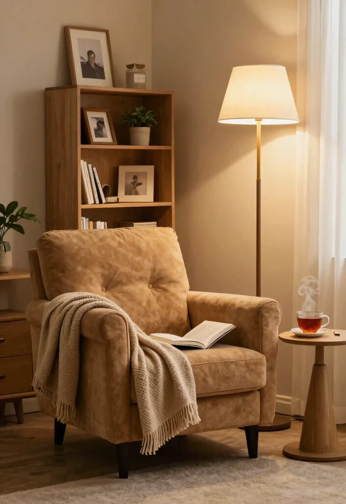 12 Tan Living Room Ideas That Feel Warm and Calm 5. Cozy Reading Nook 0