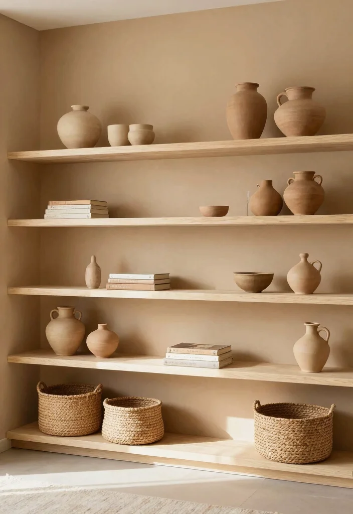 12 Tan Living Room Ideas That Feel Warm and Calm 6. Neutral Open Shelving 0