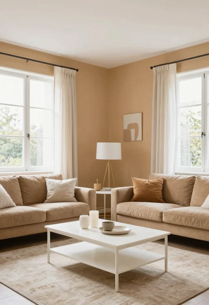 12 Tan Living Room Ideas That Feel Warm and Calm 7. Tan and White Contrast 0