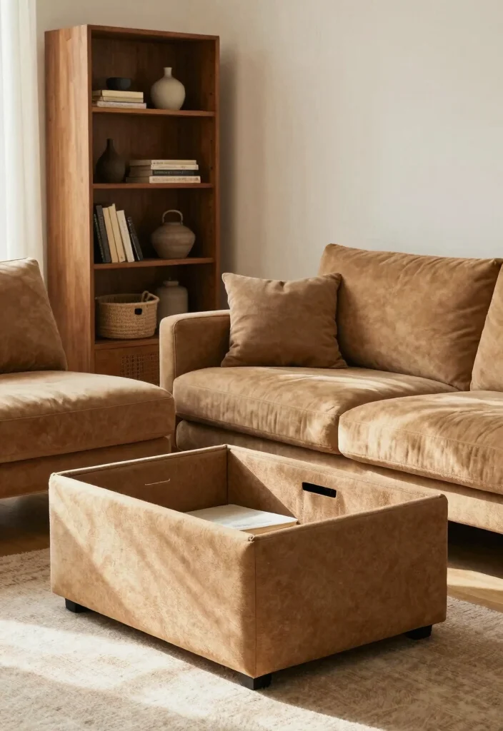 12 Tan Sofa Living Room Ideas That Style Easily 11. Functional Storage Solutions 0