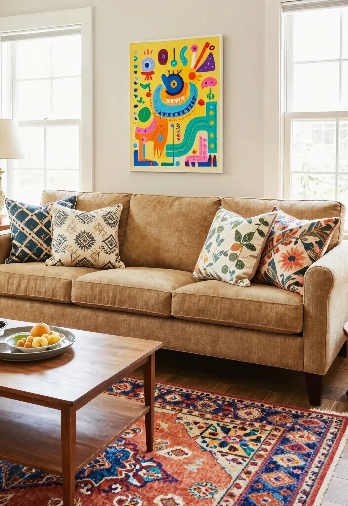 12 Tan Sofa Living Room Ideas That Style Easily 4. Playful Patterns 0
