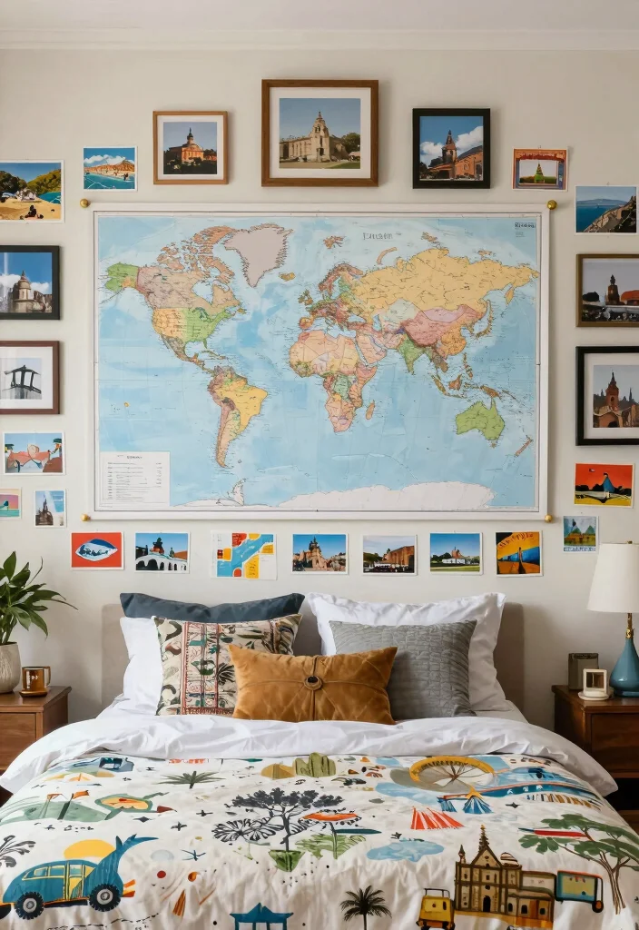 14 Bedroom Wall Ideas That Instantly Transform the Space 14. Travel Inspired Wall 0