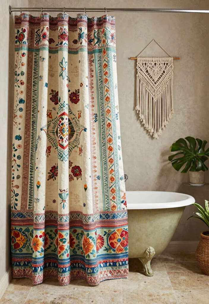 14 Bohemian Bathroom Decor Ideas Full of Color and Free Spirit 3. Colorful Shower Curtains 0
