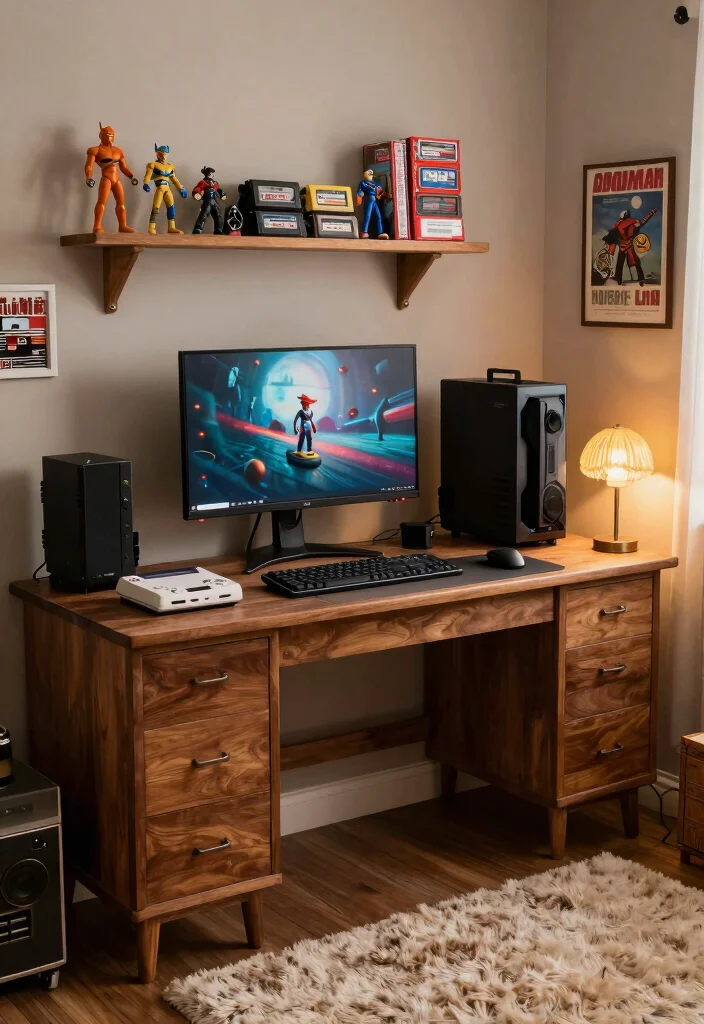 14 Gaming Bedroom Ideas That Feel Immersive and Stylish 3. Gaming Setup with a Vintage Twist 0