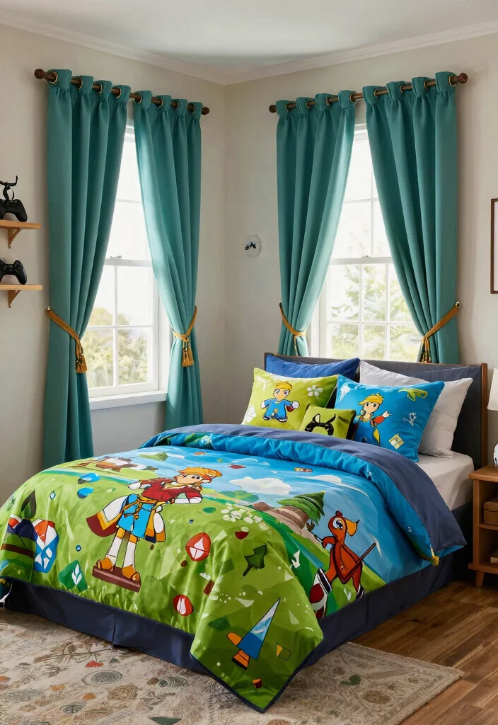 14 Gaming Bedroom Ideas That Feel Immersive and Stylish 5. Themed Bedding and Curtains 0