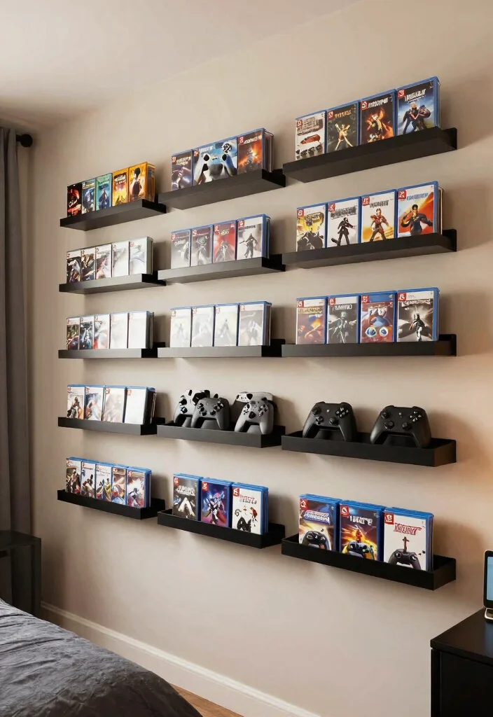 14 Gaming Bedroom Ideas That Feel Immersive and Stylish 8. Wall Mounted Game Storage 0