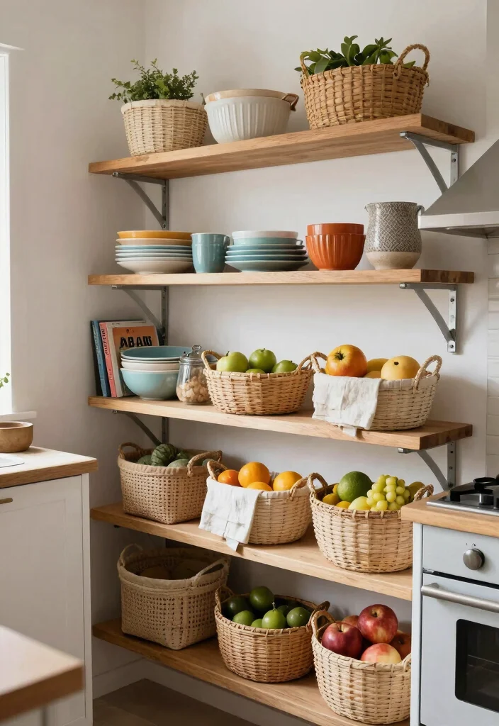14 Kitchen Cabinet Storage Ideas That Hide the Mess 5. Open Shelving with Eco Friendly Baskets 0